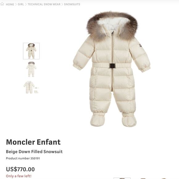 NWOT Enfant Moncler Fur Trimmed Winter White Snowsuit Fits Infant to 1 yr